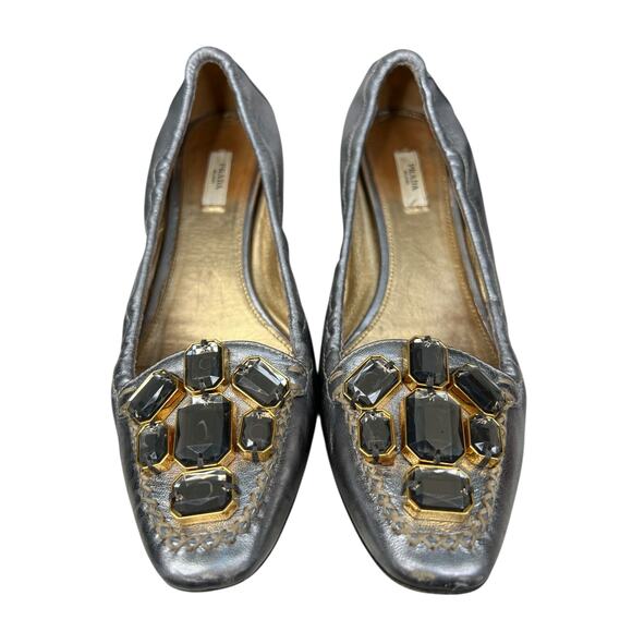 Prada Women’s Rhinestone Silver Metallic Ballet Flats Size 38.5 US 8.5 - Picture 7 of 13